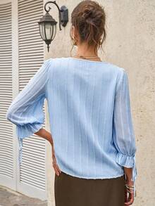 EMERY ROSE Women's Spring/Summer New Arrival French Romantic Ruffle V-Neck 3/4 Sleeve Loose Blouse - Blue - View 2