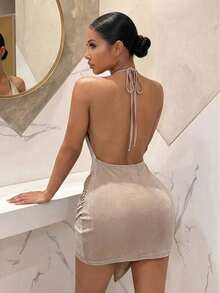 Slaydiva New Summer Elegant Party Sexy Vacation Beach Backless Ruched Twist Mini Dress - Apricot Shiny Chiffon - Apricot - View 6