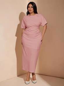 SHEIN BAE 大码女式纯色褶皱露背开衩性感连衣裙 - 粉色 - 查看 4