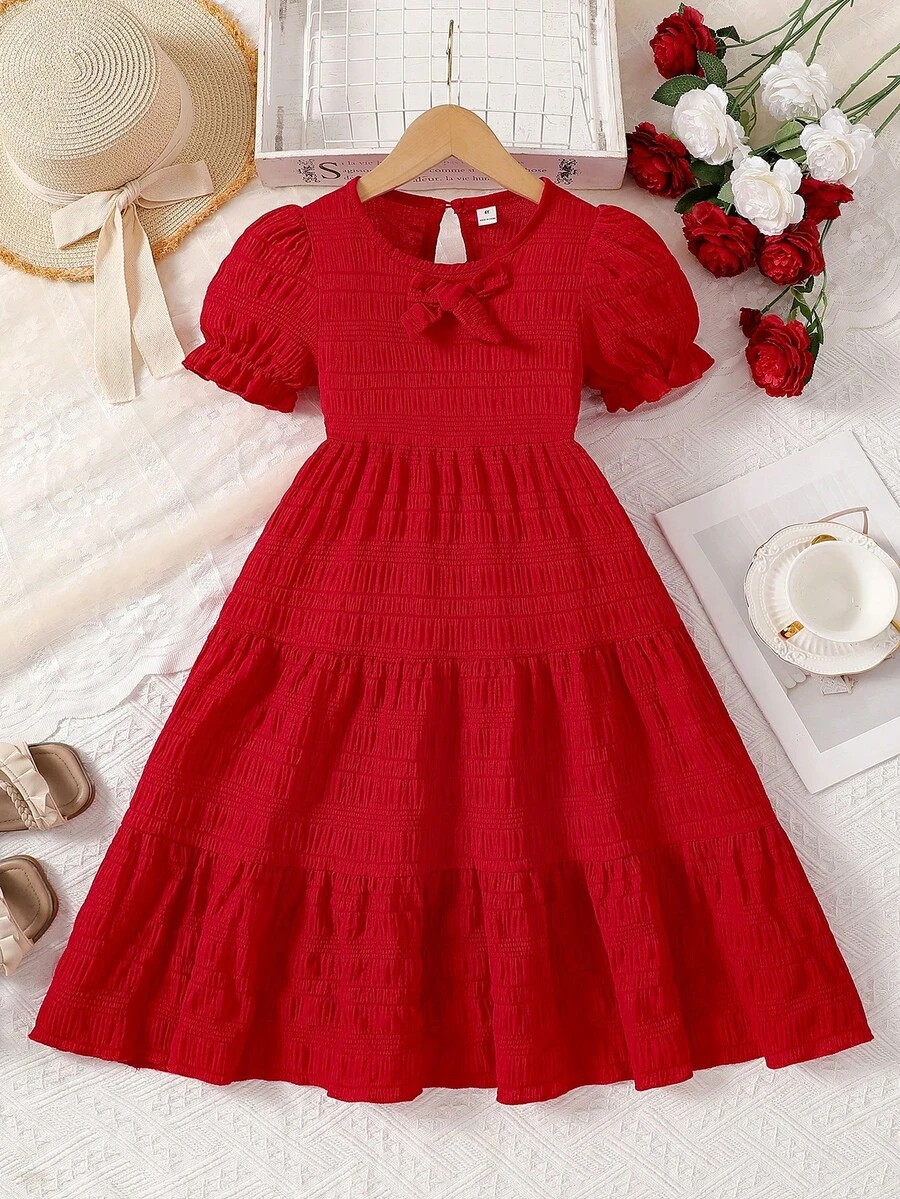 Elladie kids 年轻女孩红色蝴蝶结装饰短袖 A 字形公主派对礼服,适合派对和节日,夏季 - 紅色 - 查看 1
