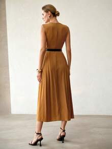 MOTF PREMIUM WOMEN'S LINEN-LIKE SOLID COLOR CONTRAST RIB KNIT SLEEVELESS CINCHED WAIST MIDI DRESS OFFICE SHADES OF BROWN SUMMER ELEGANT - Brown - View 4