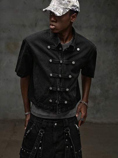 NEON BLANC Men's Short Sleeve Button Design Casual Denim Shirt