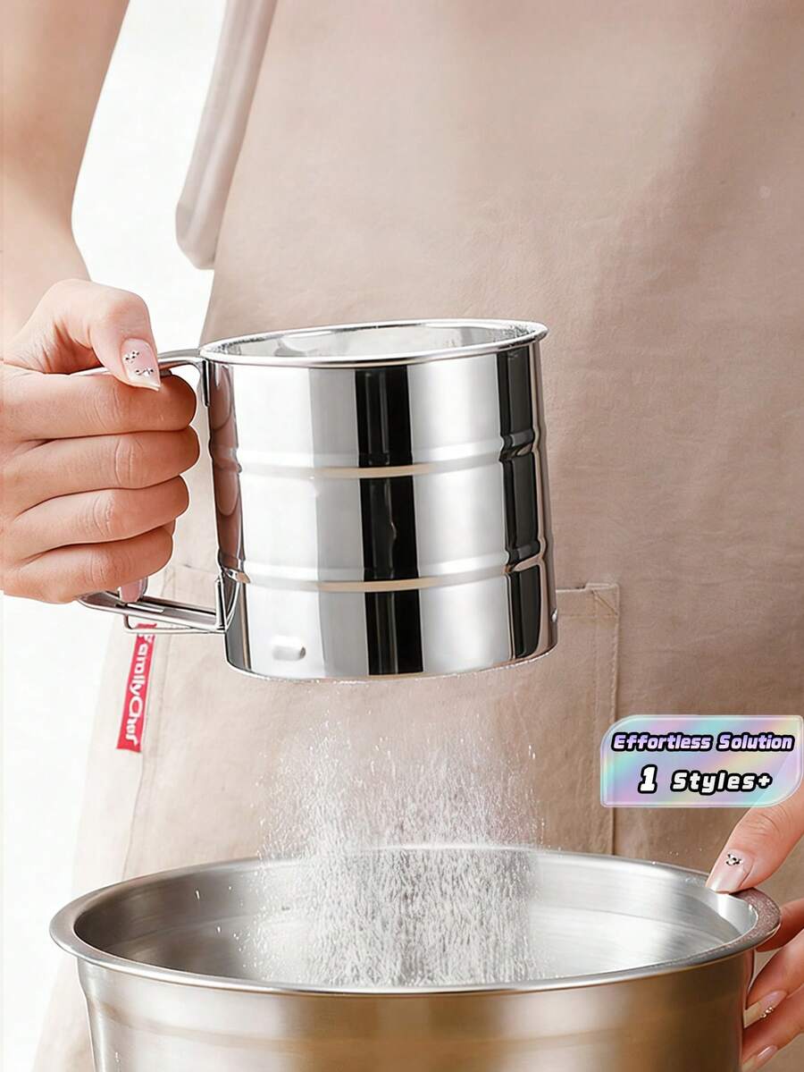 1PC Stainless Steel Handheld Flour Sieve, Baking Sugar Powder Filtering Tool - Silver - View 1