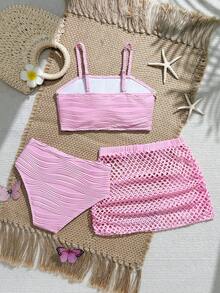 SHEIN Tween Girl Pink Summer Cute Beach Vacation Holiday Bikini Set,3 Pieces Textured Shell Decor Strapless Top,High-Waisted Briefs & Mesh Skirt Swimwear - Pink - View 2