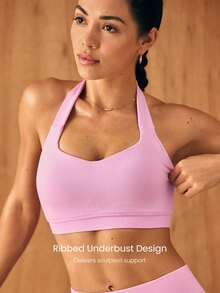 GLOWMODE Ultrafine Soft Seamless Halo Ribbed Support Open Back Thick Straps Halter Sports Bra With Removable Cups Workout Gym - Pink - View 3