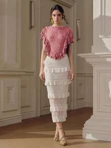 Anewsta Áo croptop nữ có chun co giãn và bèo nhún ở gấu áo, kiểu dáng đi nghỉ mát, thích hợp cho mùa xuân/hè. - Hồng - Xem 6