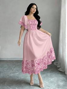 Modelyn Đầm ngắn tay cổ vuông in hoa, đầm midi mùa hè thắt eo, đầm hồng họa tiết hoa. - Nhiều màu - Xem 3
