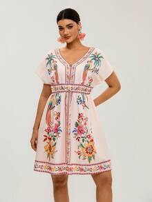 de vacaciones con estampado de plantas tropicales y loros para mujer de talla, suelto de manga corta y cuello en V - Multicolor 2 - Ver 3