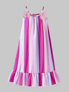 ChillGRL Girls' Rainbow Striped Colorblock Vacation Floral Print Spaghetti Strap Ruffle Hem Casual Dress - Multicolor - View 4
