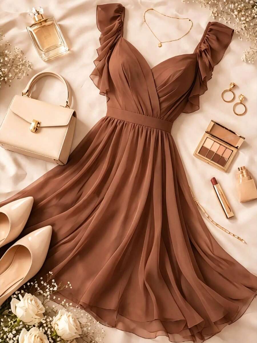 Franclia Đầm nữ thanh lịch cổ chữ V, viền bèo - màu nâu - Xem 1