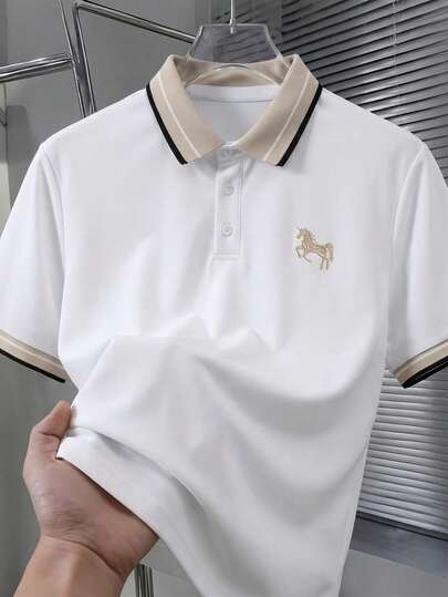 Manfinity Mode Áo polo nam tay ngắn cổ jacquard thêu họa tiết, kiểu dáng thường ngày.