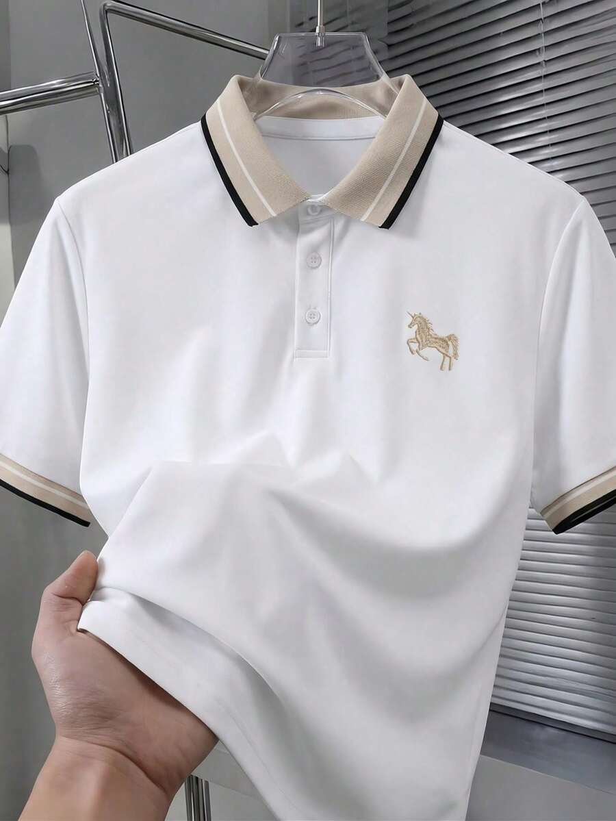 Manfinity Mode Áo polo nam tay ngắn cổ jacquard thêu họa tiết, kiểu dáng thường ngày. - trắng - Xem 1