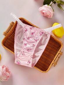 Elorette Pink Satin Crinkle Ditsy Floral Ruffle Trim Romantic Floral Panties For Women - Pink - View 8