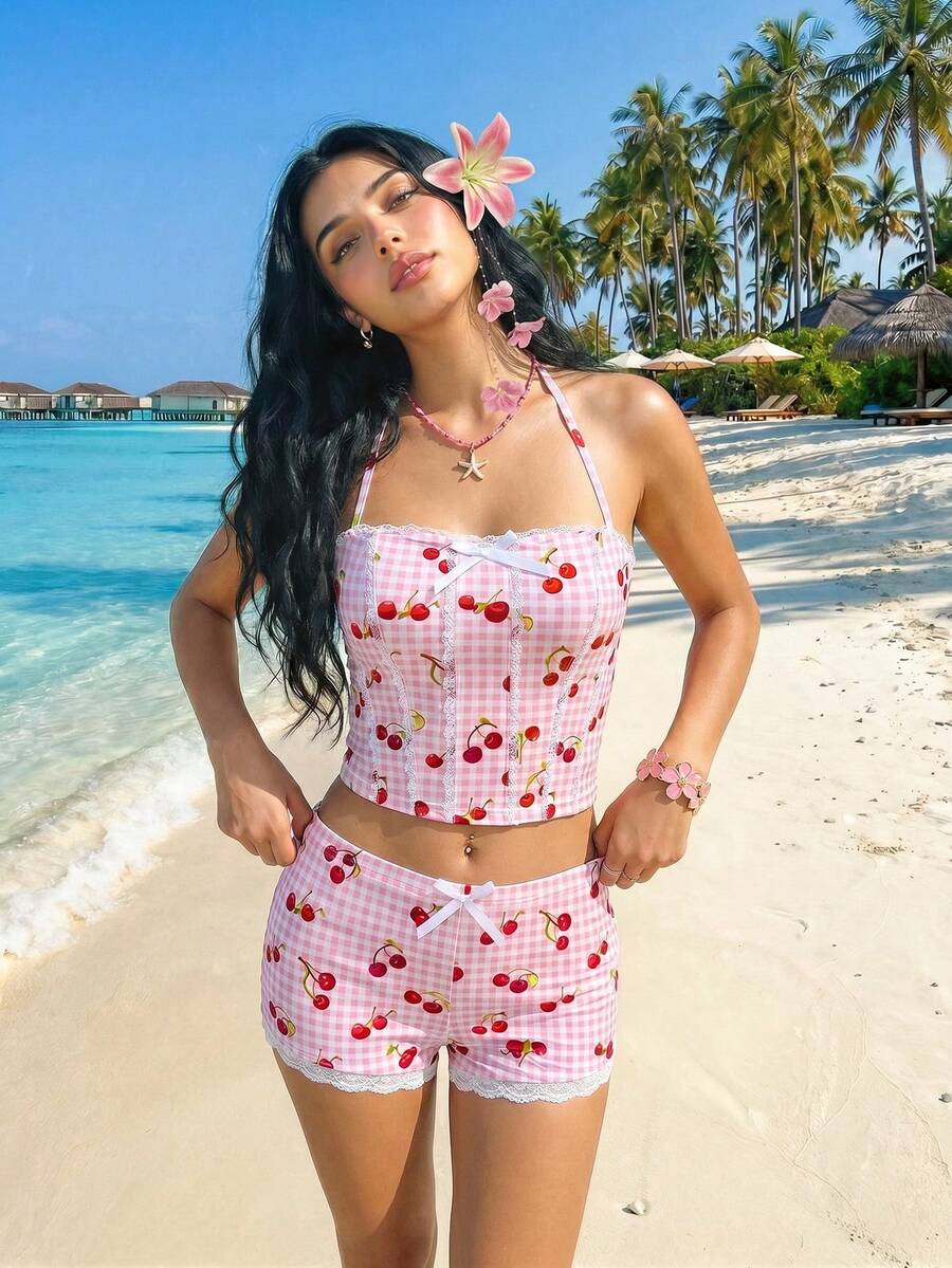 Sweetina 两件套黄色连体衣沙滩领露背撞色格纹印花背心和低腰短裤套装 - 粉色 - 查看 1