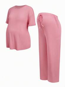 SHEIN 2pcs Maternity Set: Solid Color Short Sleeve Top And Adjustable Waist Casual Business Casual Pants Loungewear Summer - Pink - View 7