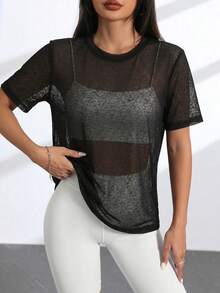 SHEIN Rhythm Era Plus Size Women's Sheer Solid Color Round Neck Short Sleeve Sports T-Shirt, Summer Gym Sports Black - Black - View 6