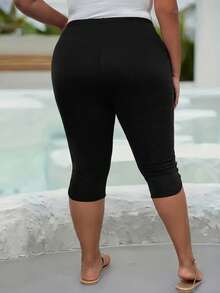 SHEIN CURVE+ 大码弹力紧身七分裤，休闲运动瑜伽裤 - 黑色 - 查看 2