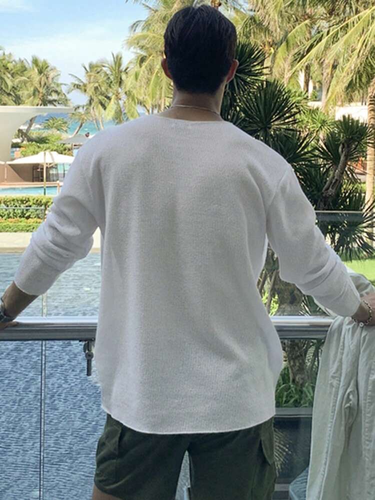 Men's Long Sleeve Mesh Fabric Semi-Hollow White Knit Sweater