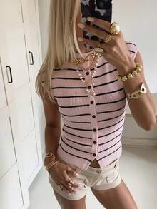 Aloruh Áo khoác cardigan mỏng nhẹ, thanh lịch, kiểu dáng thường ngày dành cho nữ, áo croptop kẻ sọc ôm sát gợi cảm, áo kiểu mùa hè thường ngày. - Hồng - Xem 9
