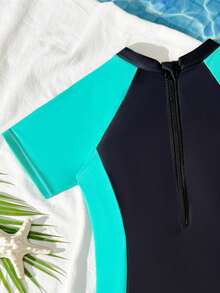 SHEIN Girls' Colorblock Zipper Back Raglan Sleeve One-Piece Swimsuit,Kids Rash Guard,Blue,Summer,Casual,Beach,Holiday Surfing Sports Pool Vacation Swimwear - Black - View 5