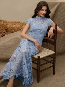 Anewsta Navy Blue Elegant Embellished Party Mermaid Hem Short Sleeve Dress - Baby Blue - View 6