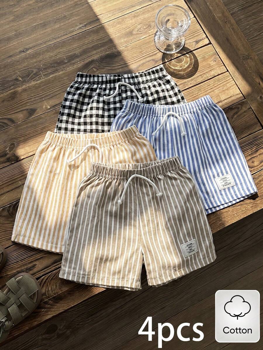 SHEIN Explorewe Bộ 4 món quần short thể thao thường ngày cho bé trai, phong cách đường phố, kẻ caro và sọc, phù hợp cho mặc hàng ngày, đi học, dã ngoại, thể thao, mùa xuân và mùa hè. Thiết kế đơn giản và thời trang, thoải mái khi mặc, mang đến nhiều lựa chọn phối đồ cho bé trai. Bộ trang phục này sẽ là lựa chọn sành điệu cho bé trai trong mùa hè, phù hợp cho kỳ nghỉ, chụp ảnh, xu hướng thời trang mới xuân/hè 2026. - Nhiều màu - Xem 1
