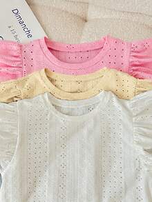 SHEIN LMoss Kids 3件套/少女套装/少女休闲提花针织纯色圆领短袖上衣 - 彩色 - 查看 4