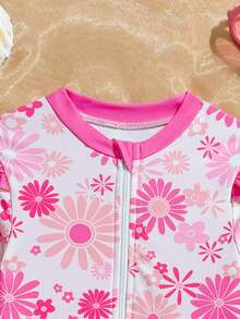 SHEIN ملابس شاطئ للبنات الصغار، بدلة سباحة كروشيه وردية بزهرة عباد الشمس ذات أكمام طويلة، مناسبة للسباحة والعطلات الصيفية والشاطئ والحمام، بدلة سباحة للبنات الصغار بأكمام طويلة، بدلة سباحة للبنات الصغار بحماية من الطفح الجلدي بتغطية كاملة، ملابس سباحة للبنات عمر سنتين، بدلة سباحة وردية مزخرفة بالزهور للبنات الصغار - وردي - مشاهدة 4