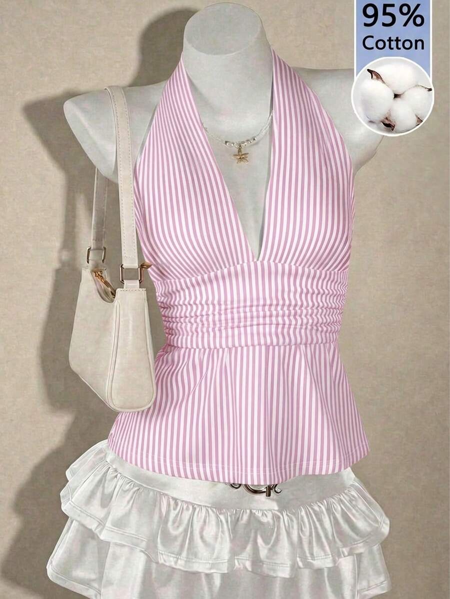 女款 95% 棉 淡粉色條紋掛脖深 V 領抓皺 A 字露背細肩帶背心,夏季休閒度假海灘 Y2K 波希米亞音樂節上衣 - 彩色 - 查看 1