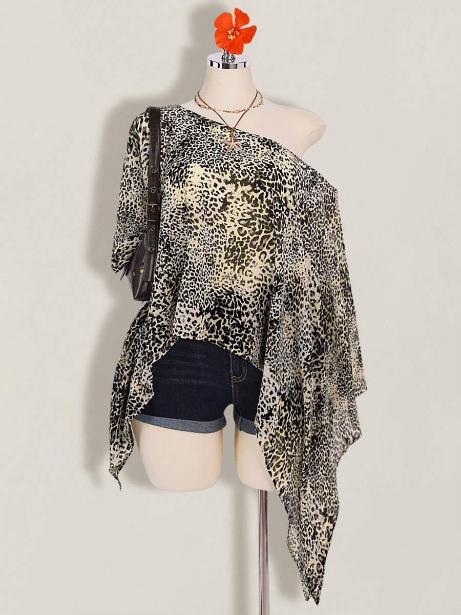 SHEIN ICON 大码女式夏季度假豹纹雪纺罩衫 - 彩色 - View 1