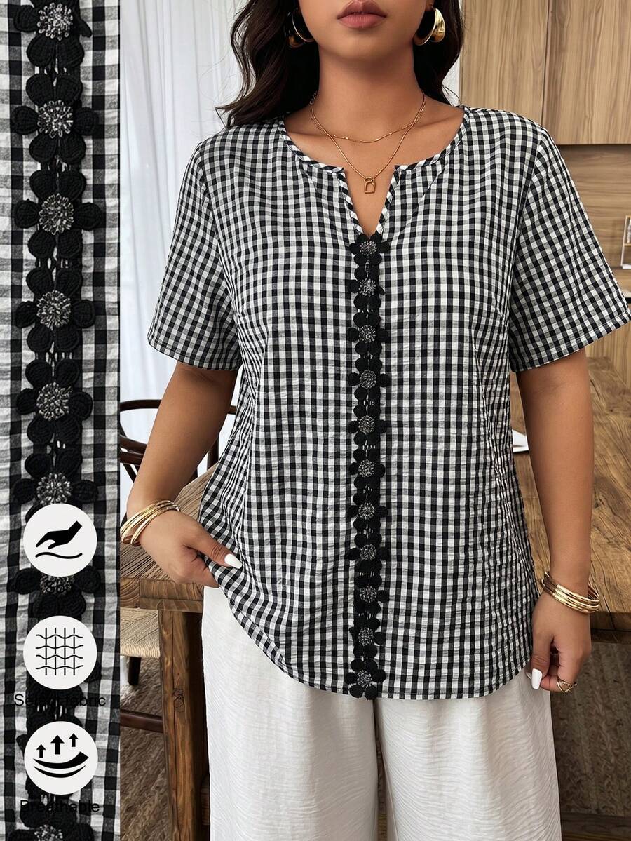 Weeklong Plus Size Women's Spring/Summer Plaid 3D Floral Trim Ruffle Sleeve Casual Vacation Shirt - Multicolor - View 1