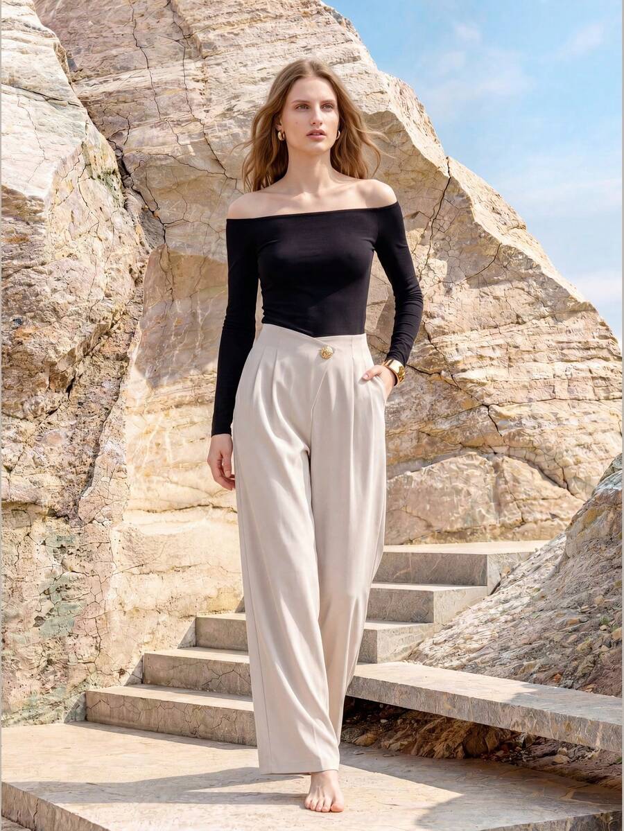 MOTF Petite Quần ống rộng nữ mùa xuân/hè, cổ chéo, điểm nhấn là cúc áo, thời trang và đa năng. - Màu be - Xem 2