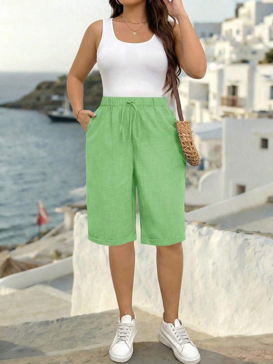 EMERY ROSE Pantalones cortos casuales de unicolor talla grande - Verde - View 1