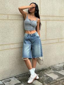 Rivivi Celana Pendek Denim Kaki Lebar Kasual Musim Panas Ukuran Besar - Biru - View 3