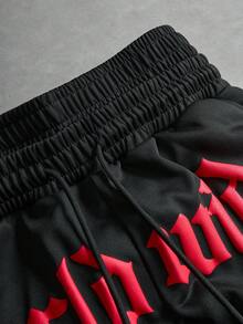 PAVTROS Men's Casual Flame Letter Print Pocket Drawstring Waist Sweatpants Wide Leg - Black - View 5