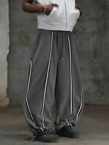 NEON BLANC 男士休閒寬鬆運動長褲，灰色拼接設計，適合春季/秋季，度假穿著，父親節禮物，足球運動 - 灰色 - 查看 3