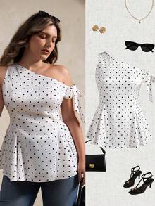 Elegantrix Blusa evasé con hombros asimétricos, lazo en la cintura y lunares, elegante estilo francés para mujer de talla grande, para primavera/verano - Multicolor - Ver 3