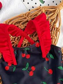 SHEIN Vintaside Kids Baju Renang Terusan Bayi Motif Cherry dengan Hiasan Ruffle, Potongan Kasual untuk Liburan dan Santai - Hitam - View 5