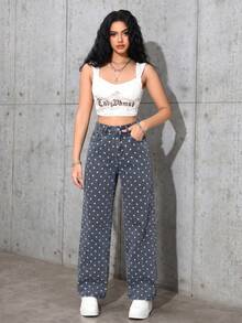 SHEIN ICON Quần jeans ống đứng in họa tiết chấm bi phong cách thường ngày dành cho nữ - Rửa nhẹ - Xem 5