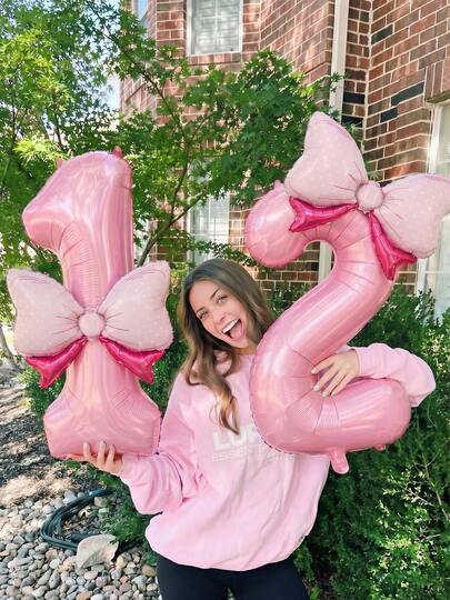 MINKOJA MINKOJA 3pcs Pink Number Balloon With Large Bow Foil Balloon Set , Suitable For Princess Birthday Party Decorations Supplies Photobooth Props, Weddings, Anniversaries And Graduation Celebrations, Birthday Decroations, Valentine's Day
