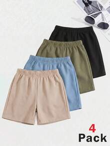 SHEIN 4件組兒童青少年男孩米色夏季休閒登山短褲套裝，舒適時尚柔軟短褲，附徽章與腰帶裝飾，適合學校與運動 - 彩色 - 查看 4