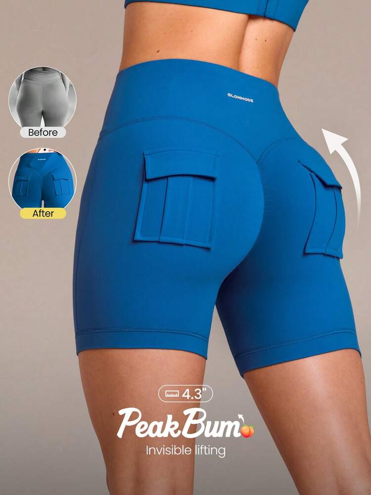 10,9 cm FeatherFit™ Sculpt Cargo Scrunch Po-Hebende Shorts mit hoher Kompression, schweißableitend, dehnbar, mit Rücktaschen, rutschfestem Griff, für mittlere Belastung, Training, Laufen, Workout, Fitness