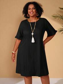 BrightlyHer Plus Size Black Summer Smart Casual Casual Holiday  Minimalist Daily Wear Round Neck Short Sleeve Dress Beach Vacation Vacation Outfit For Women - Black - View 6