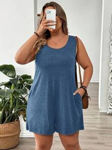 SHEIN LUNE Mono de punto de talla grande con cuello redondo, sin mangas, tirantes anchos y bolsillos, de unicolor - Azul - Ver 5