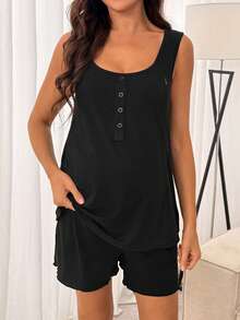 SHEIN 2件套哺乳纯色U领无袖宽肩带舒适夏季套装 - 黑色 - 查看 10