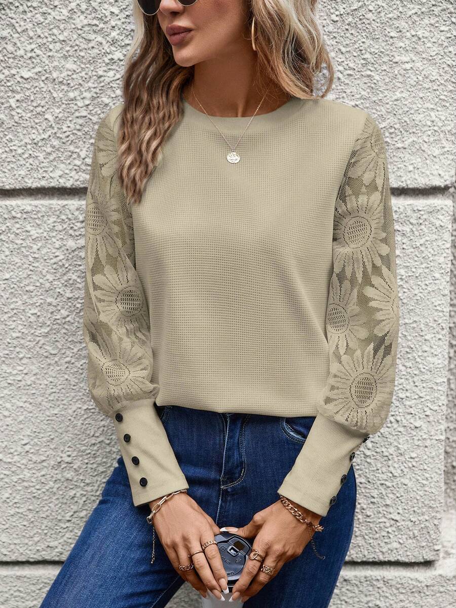 SHEIN LUNE توبات المرأة البدينة لموسم الخريف، ملابس علوية مرقعة بالكشكشة والدانتيل والجاكار ، أكمام فانوس ،فضفاضة وأنيقة للحزب واليومي للمرأة - لون مشمشي - مشاهدة 1