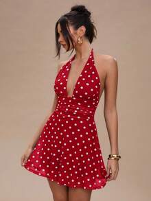 SHEIN BAE 女士波点露背迷你连衣裙 - 紅色 - 查看 6