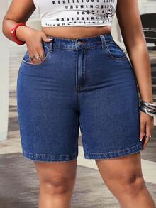 SHEIN ICON Plus Size Women High Waist Pockets Casual Retro Denim Shorts - Dark Wash - View 1