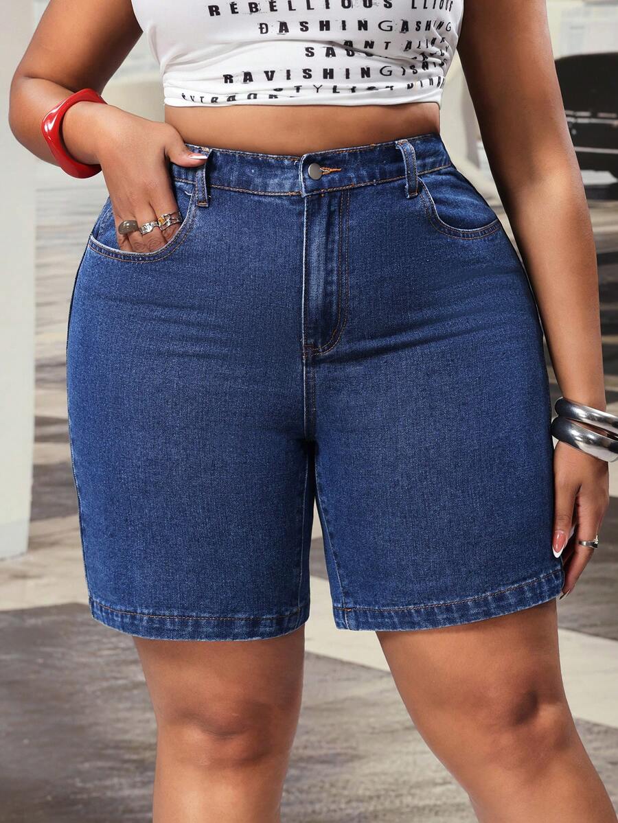 SHEIN ICON Plus Size Women High Waist Pockets Casual Retro Denim Shorts - Dark Wash - View 1
