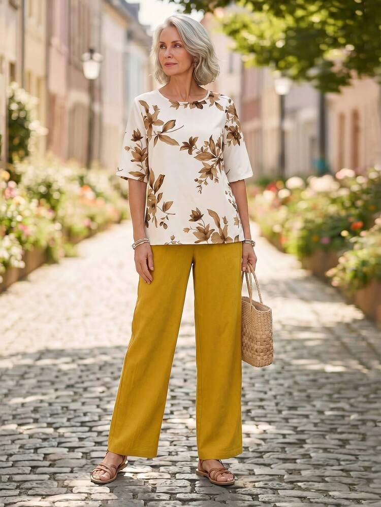 Floral Print Round Neck Top And Pants Casual Outfit For Middle-Aged & Elderly Women